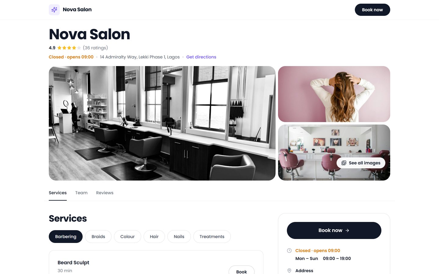 A salon's public page on Salyntra, with photos, services and online booking