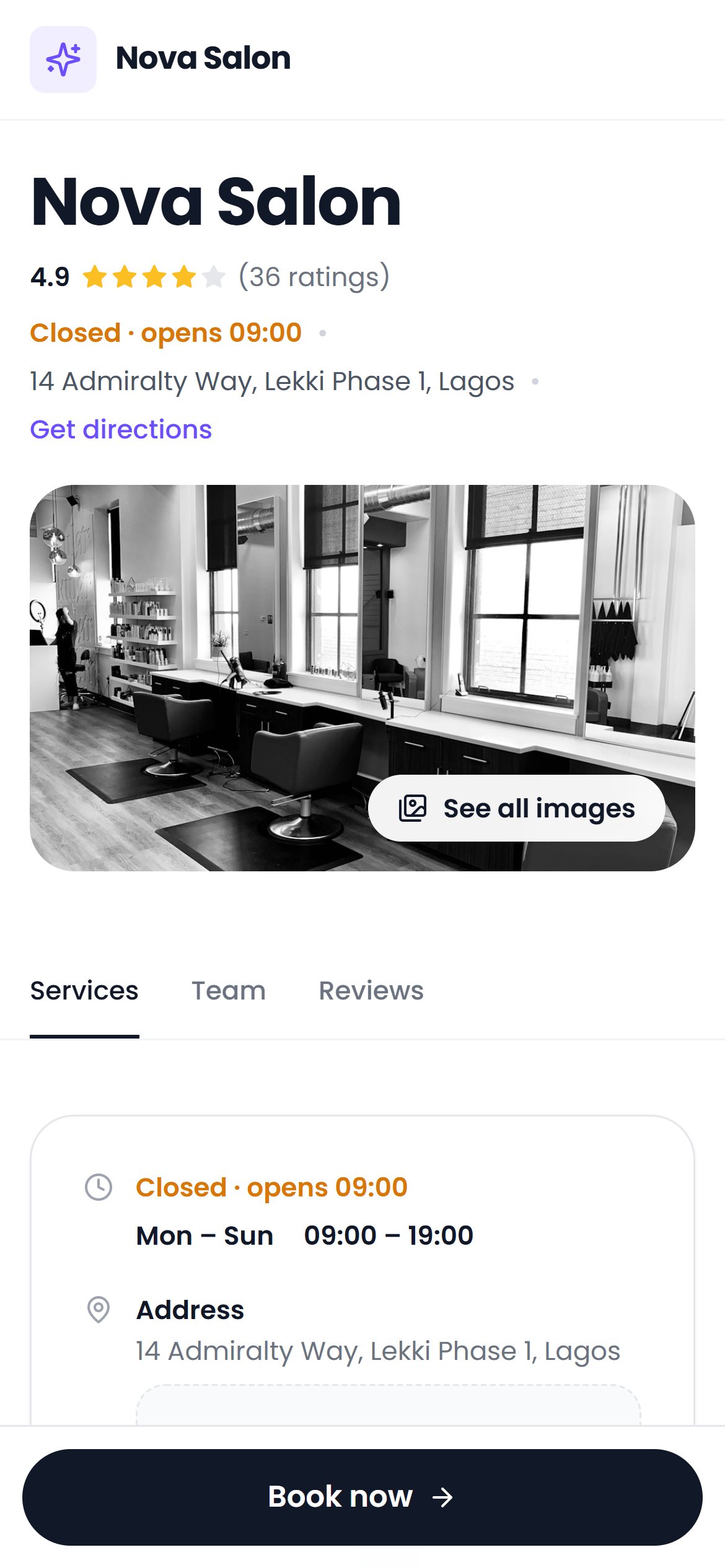A salon's public Salyntra page on a phone