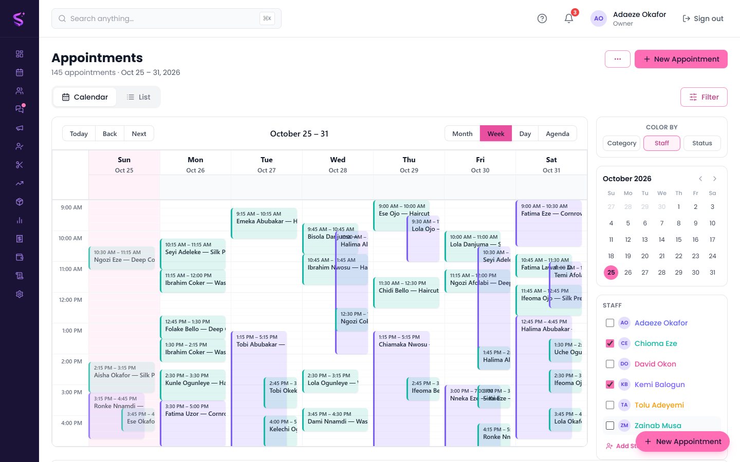 The booking calendar, one column per stylist