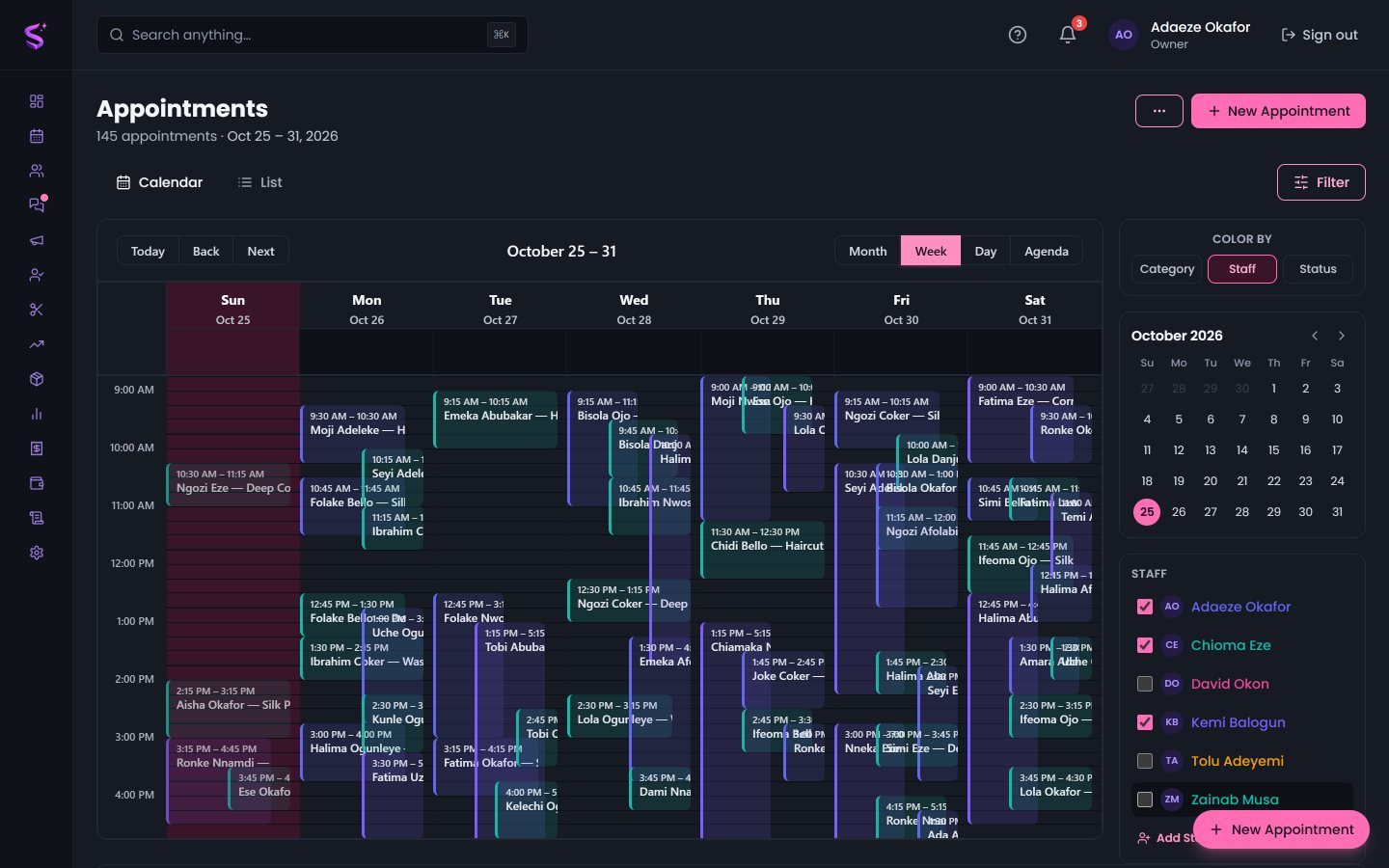 The booking calendar, one column per stylist