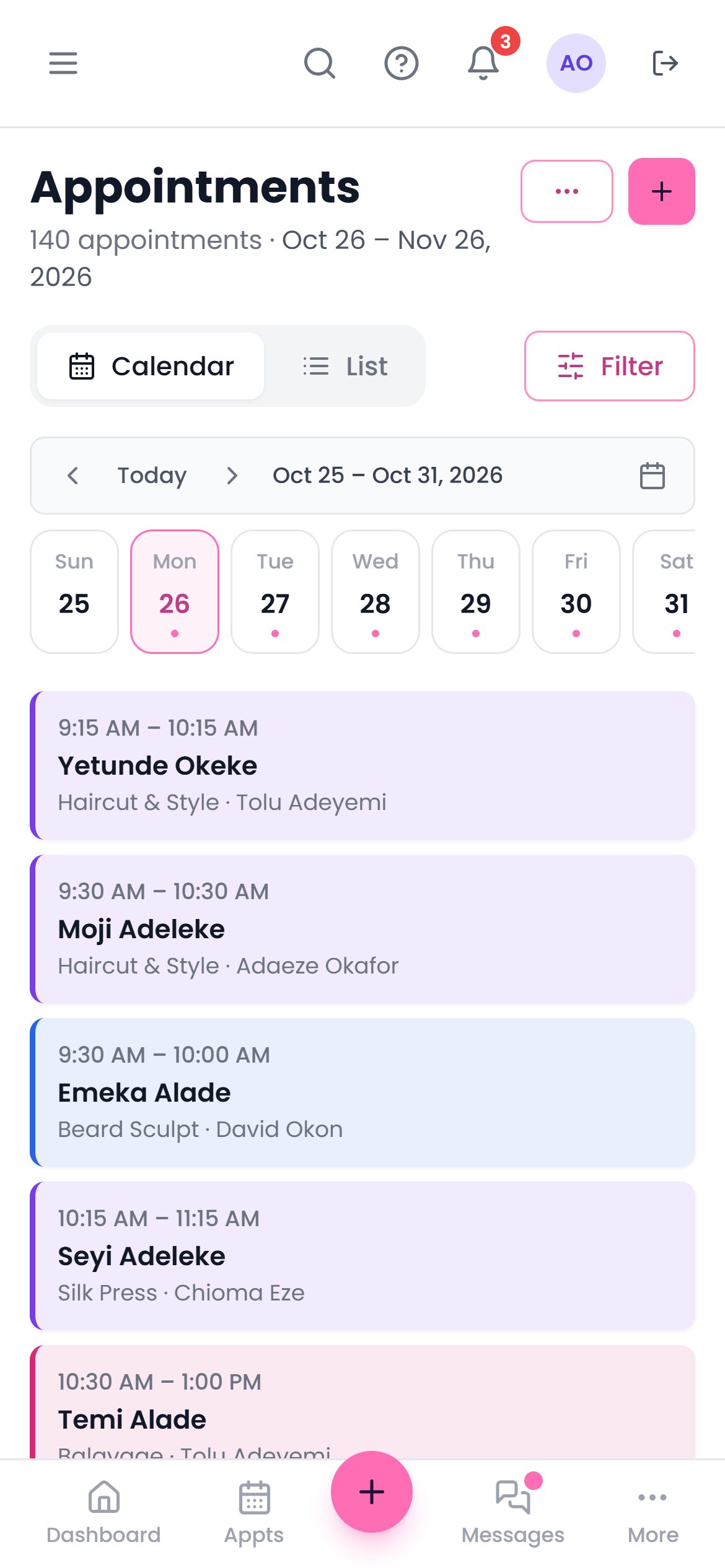 The booking calendar on a phone, one day at a time