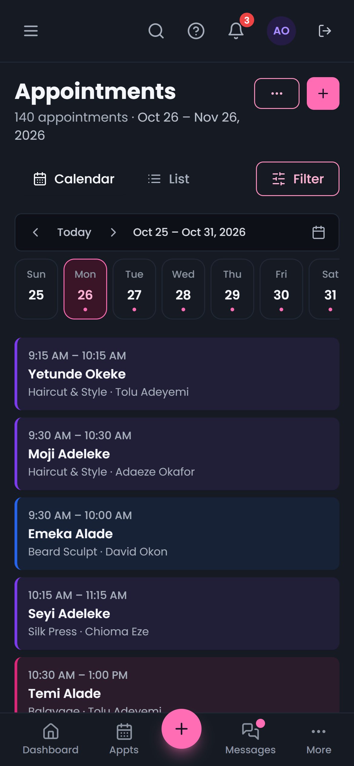The booking calendar on a phone, one day at a time
