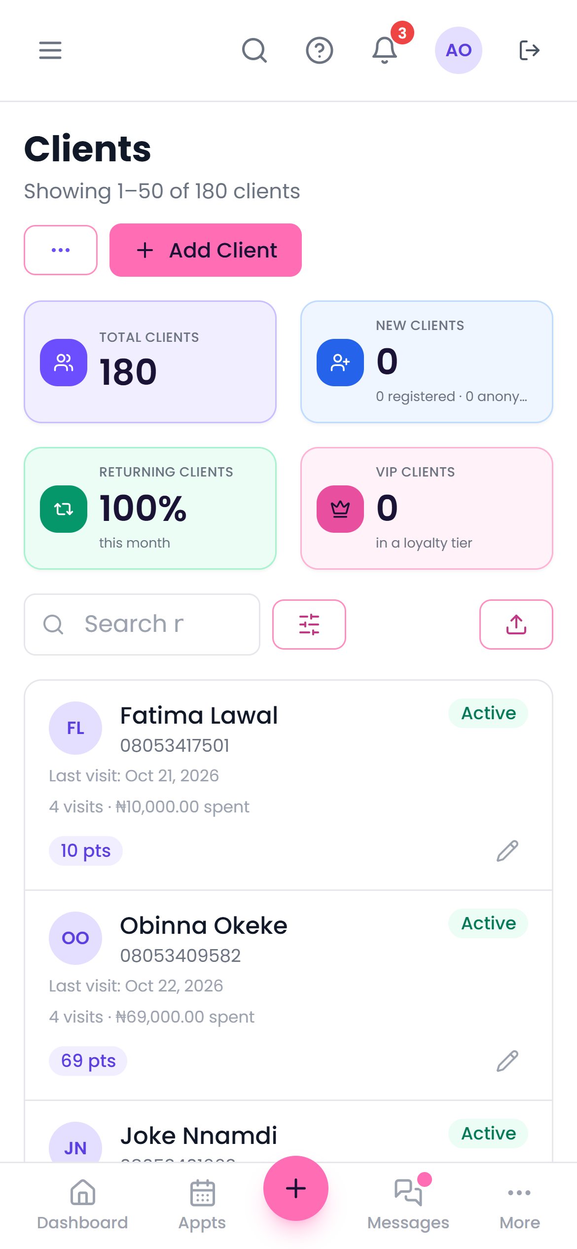 The client list on a phone