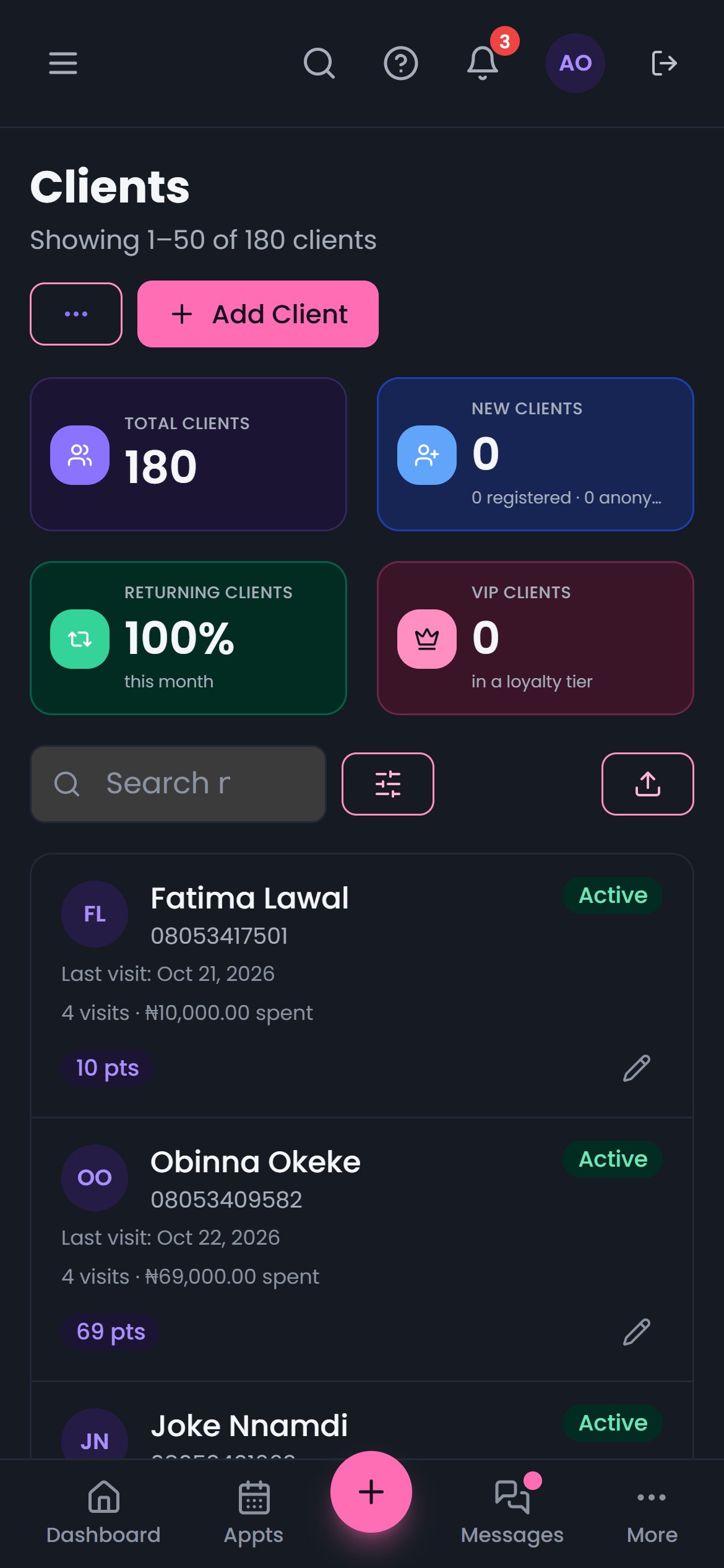 The client list on a phone