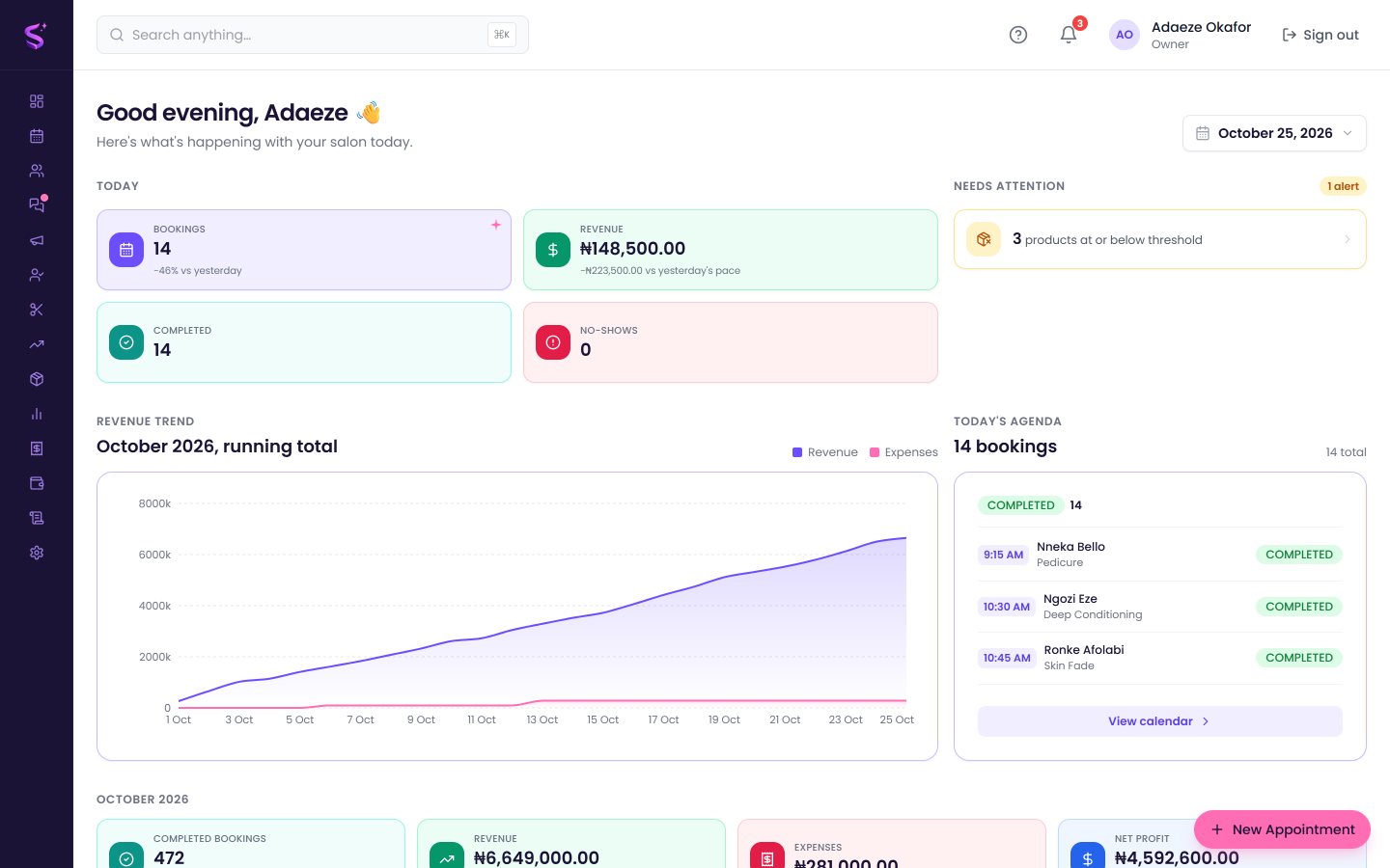 The Salyntra dashboard: today's bookings, revenue and the team at a glance