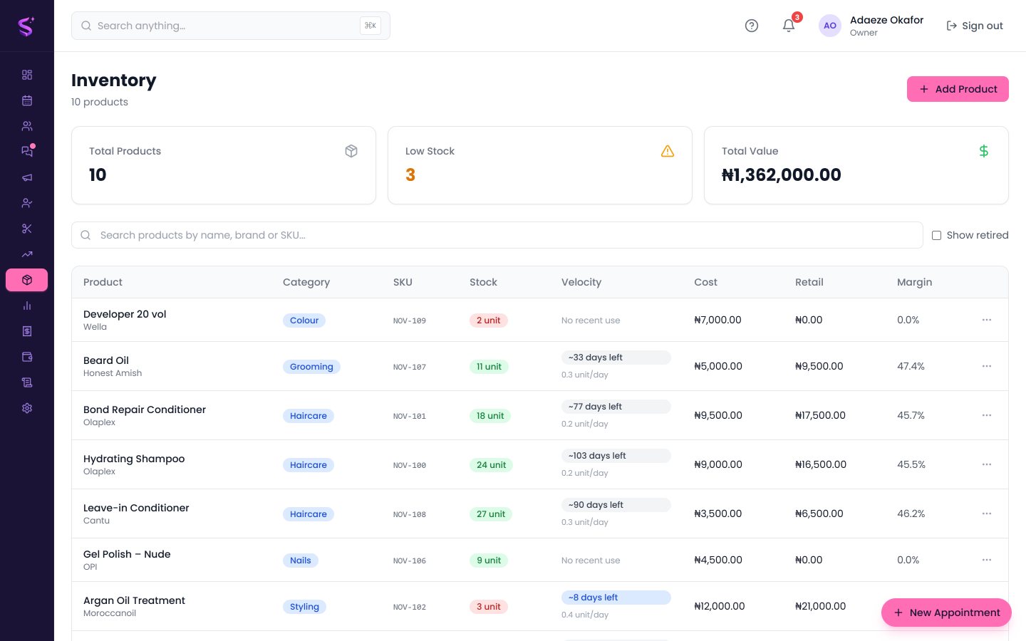 Inventory with stock levels and low-stock alerts