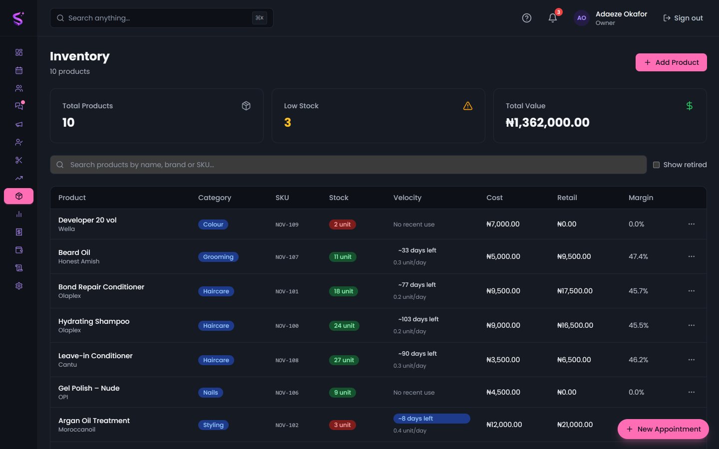 Inventory with stock levels and low-stock alerts