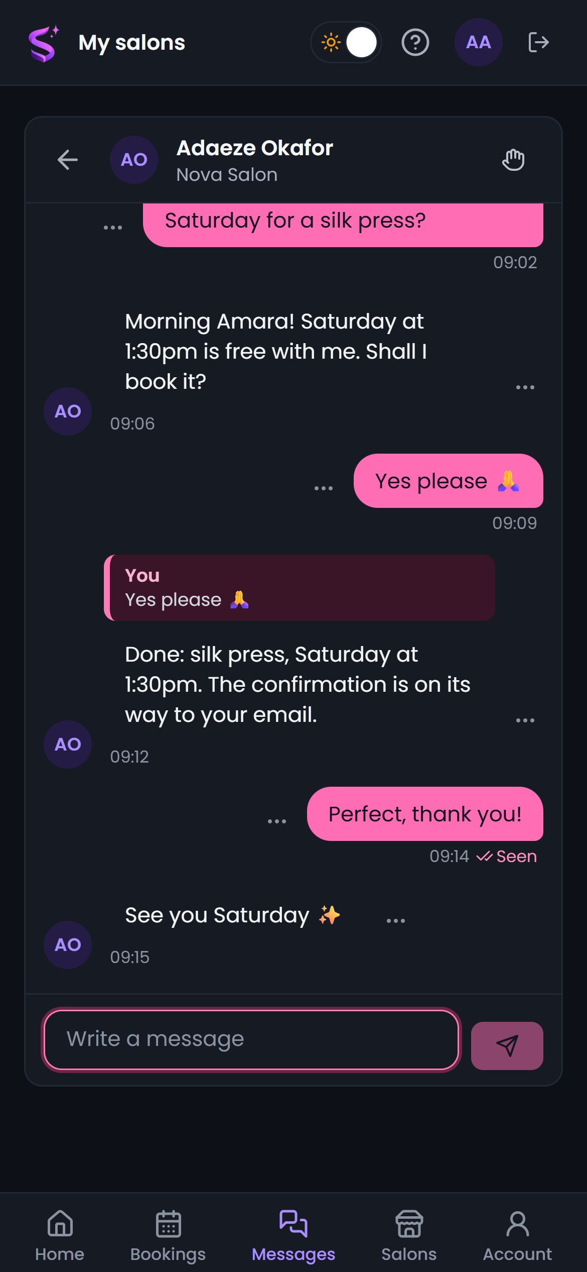 A client replying to her salon from the Salyntra client portal on her phone